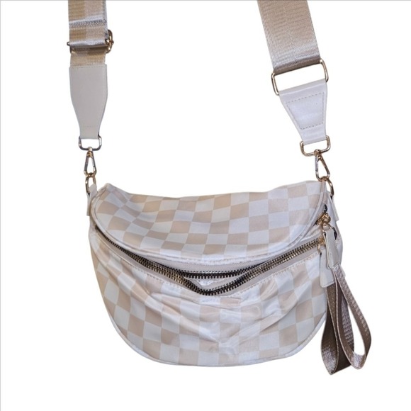 Beige Checkered Crossbody Bag Nylon Gold Hardware Adjustable Wide Strap Bum... - Picture 9 of 13